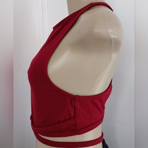 HAODUOYI Deep Red Wrap Crop Top - Picture 3 of 5